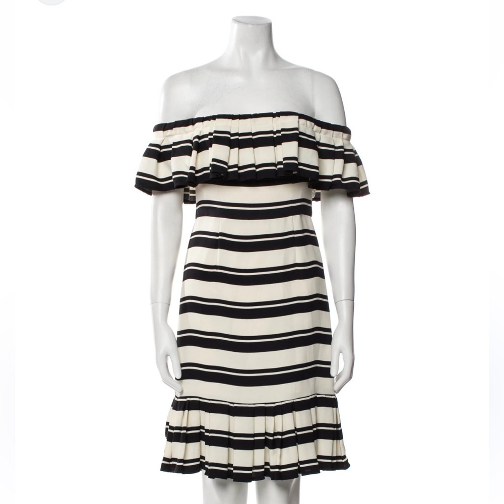 Halston Striped Off‎ The Shoulder Ruffle Dress Black Cream Size 12